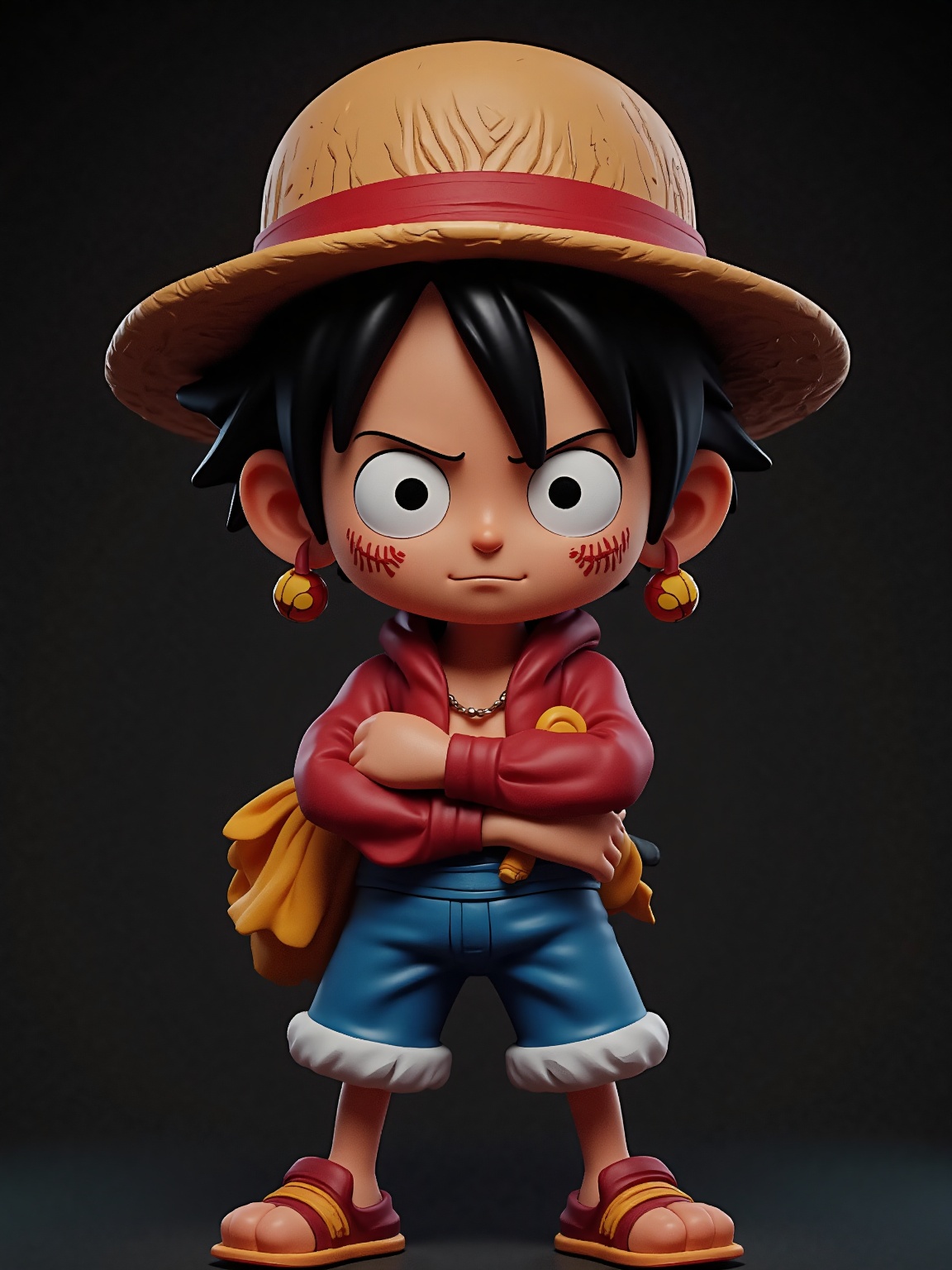 doll like character,  an animated cartoon character wearing a hat,  set against a dark background. The character is Luffy...
