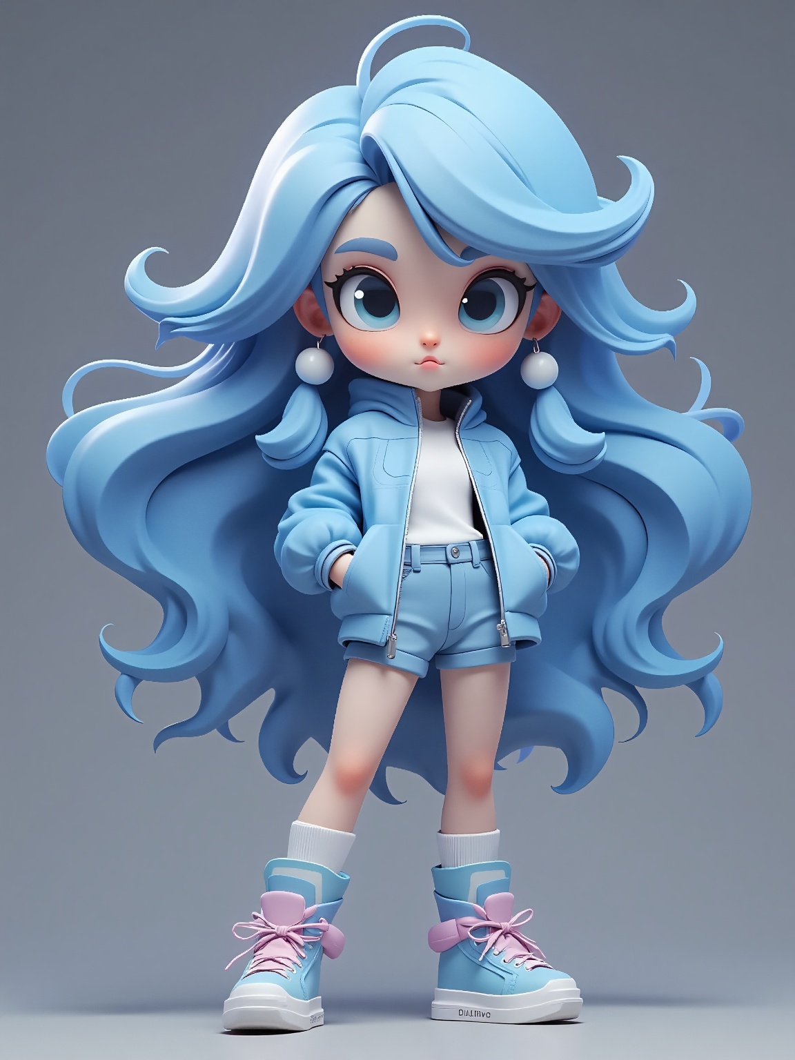 doll like character,  an animated girl with long blue hair wearing a blue jacket and shorts,  set against a grey backgroun...
