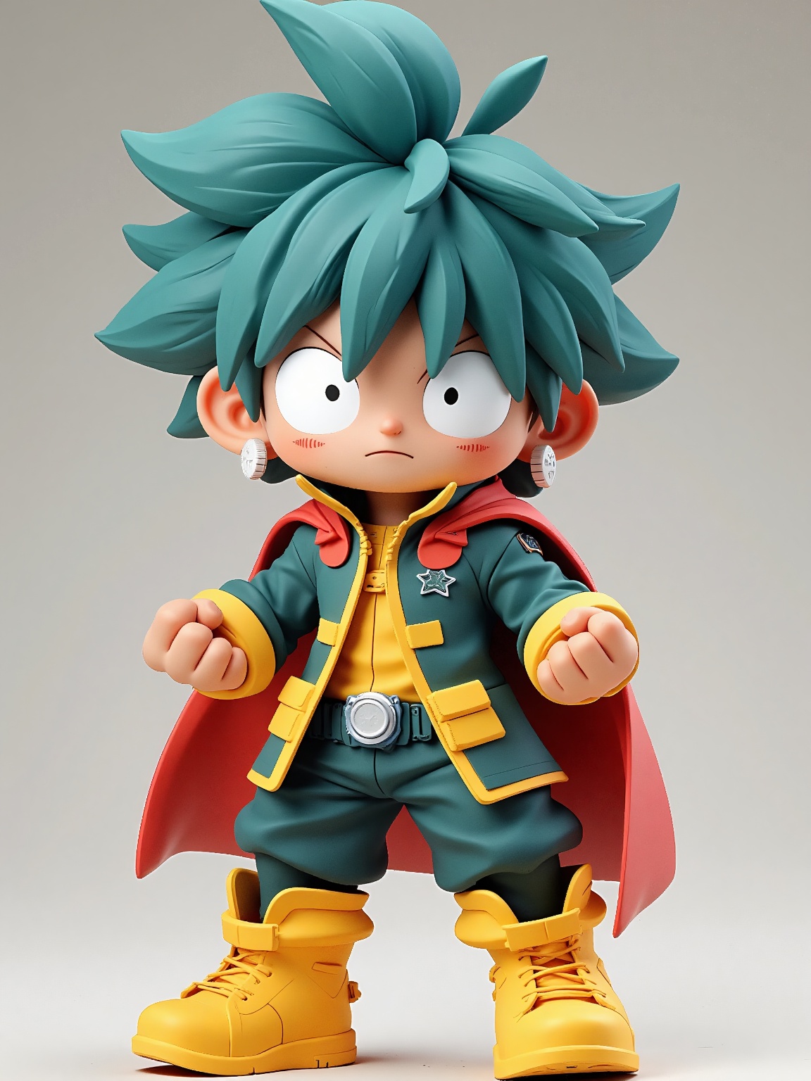 doll like character,  a cartoon character from the anime series My Hero Academia,  Izuku Midoriya. He is wearing a blue an...
