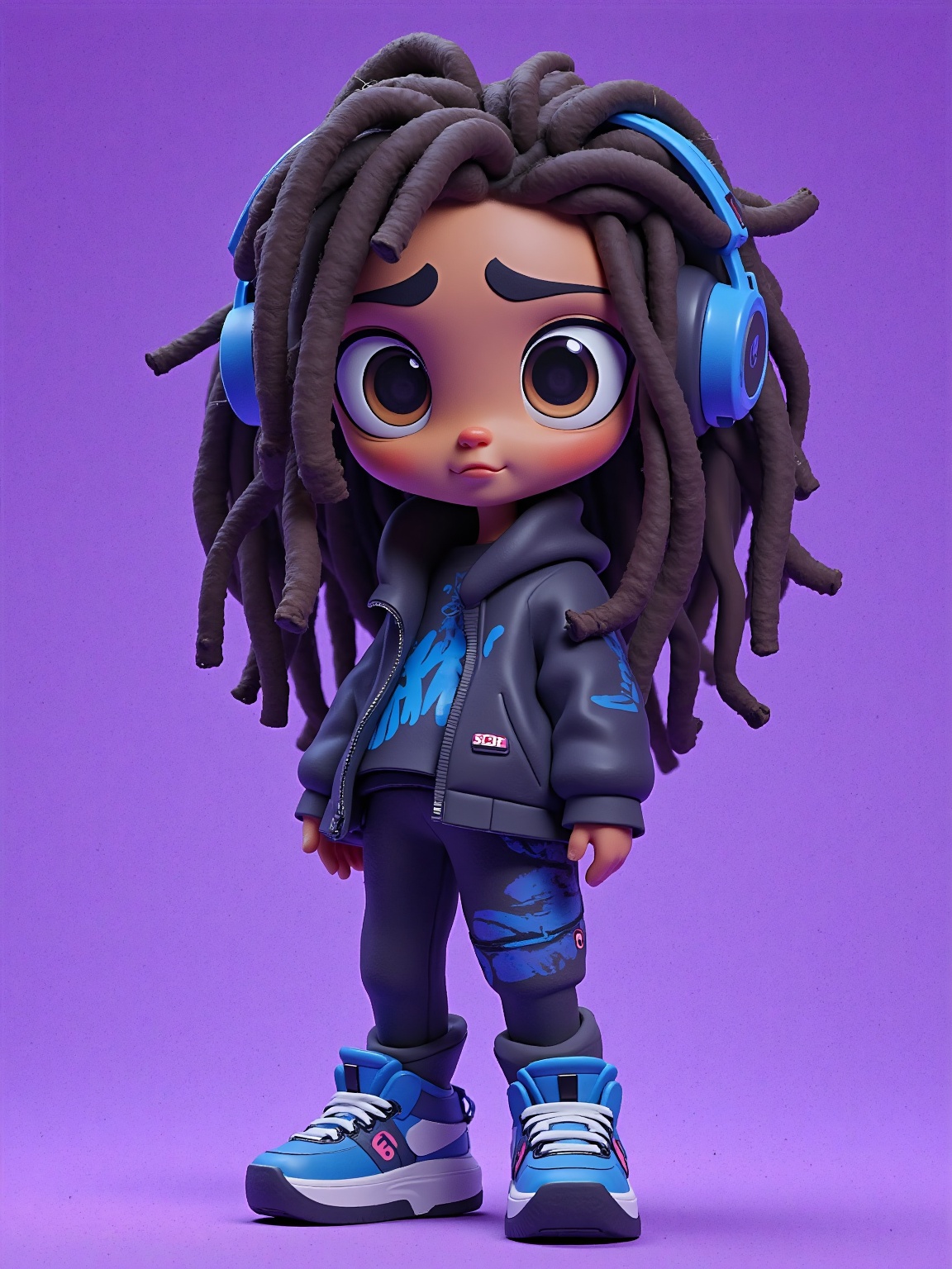 doll like character,  a cartoon character with dreadlocks and headphones standing in front of a purple background. The cha...