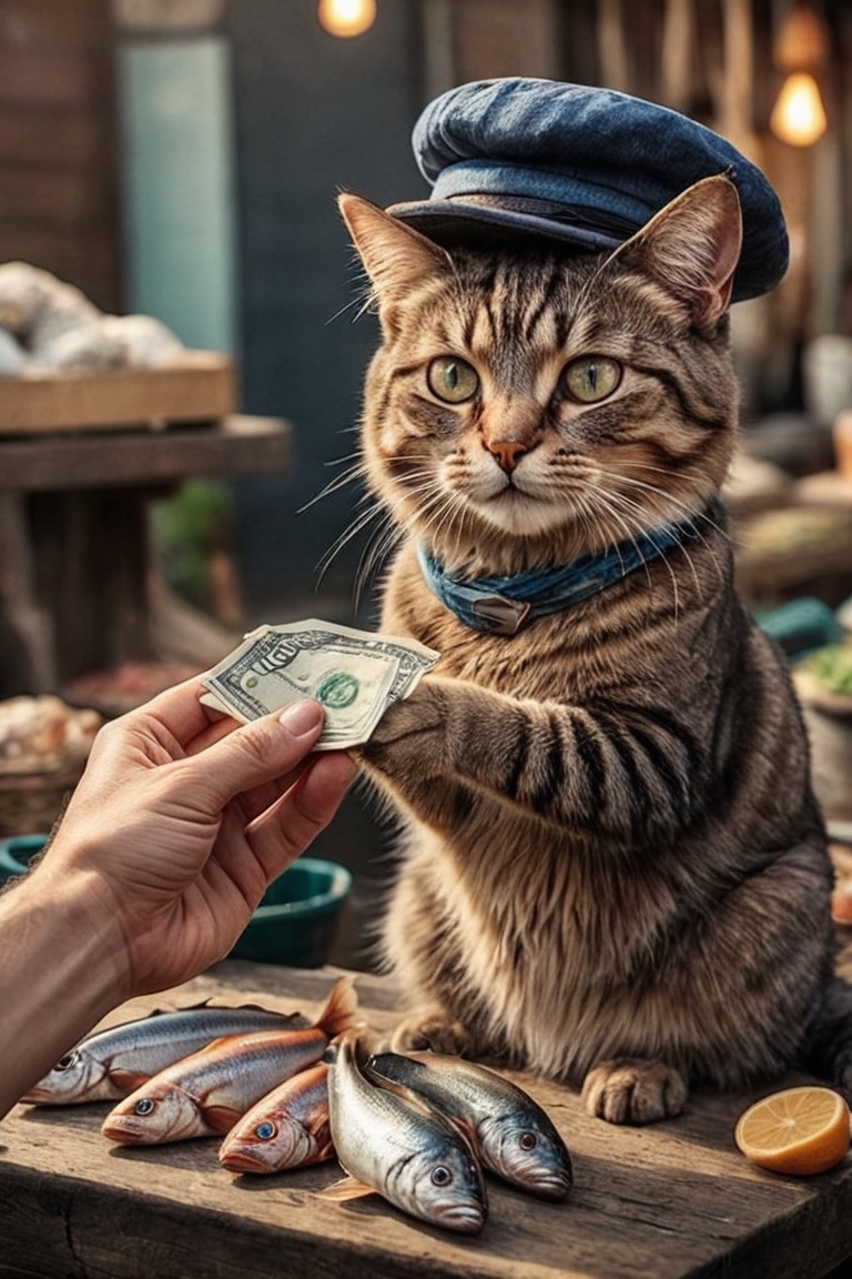 image of a hand offering money to a fishmonger cat,  holding fish,  ultra detailed on Tensor.Art