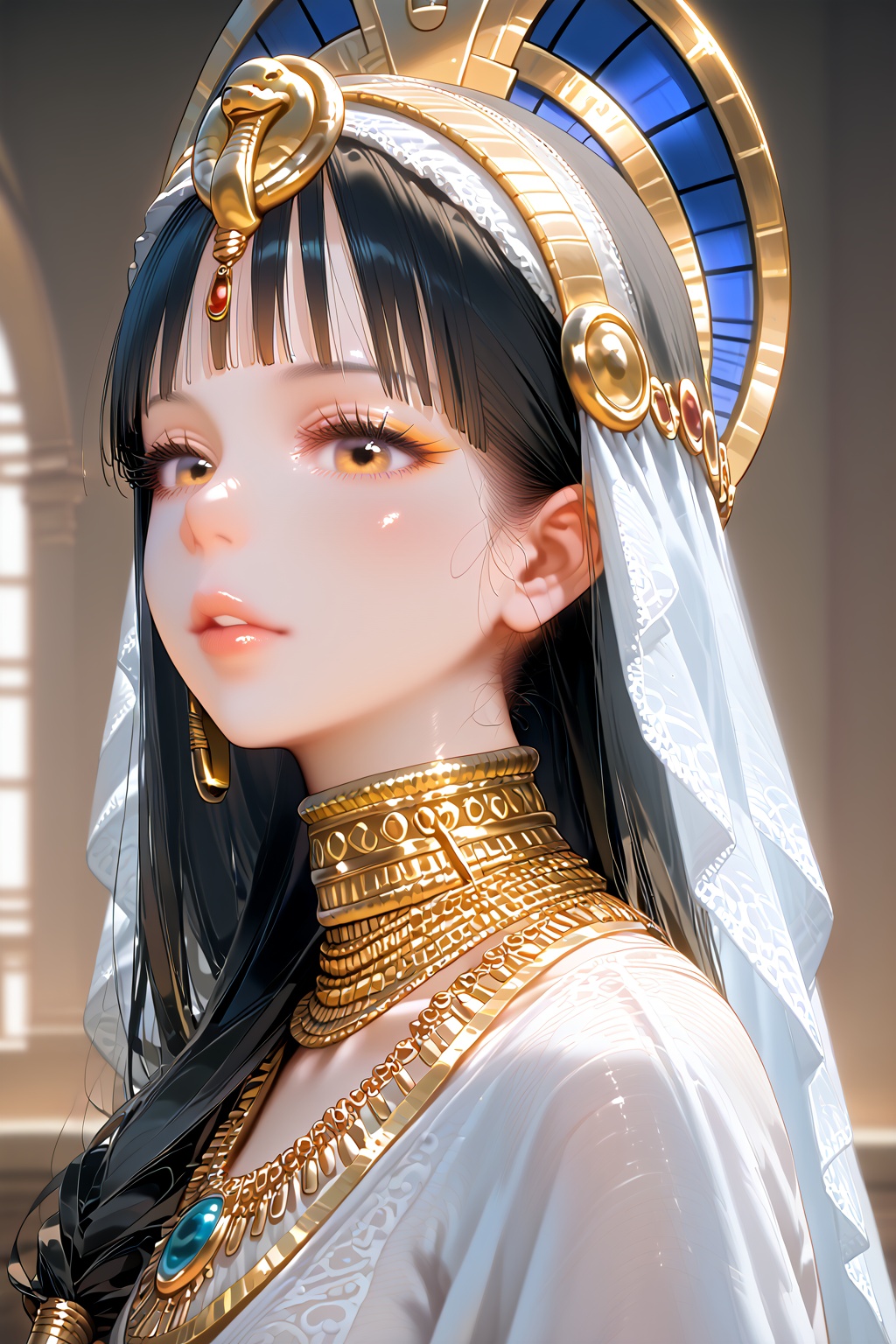 photorealistic portrait of Queen Nefertari,  ancient egyptian beauty standards,  black hair on Tensor.Art