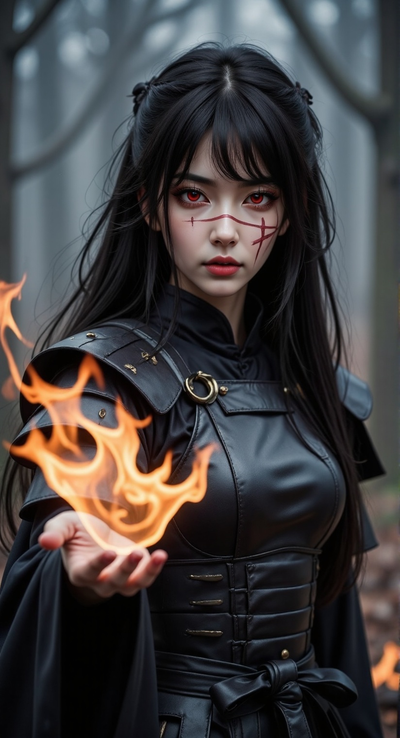 Yoru (Chainsaw Man) depicted as a samurai girl in a smoke-filled environment,  her countenance framed by long,  raven-blac...