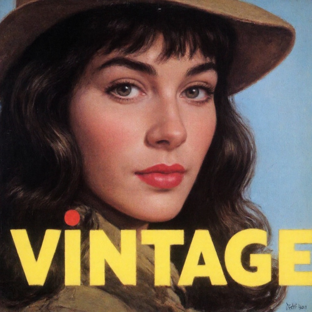vintage_art close-up of beautiful woman in 80s,  long hair wearing hat,  there is bold yellow with text "VINTAGE" below he...