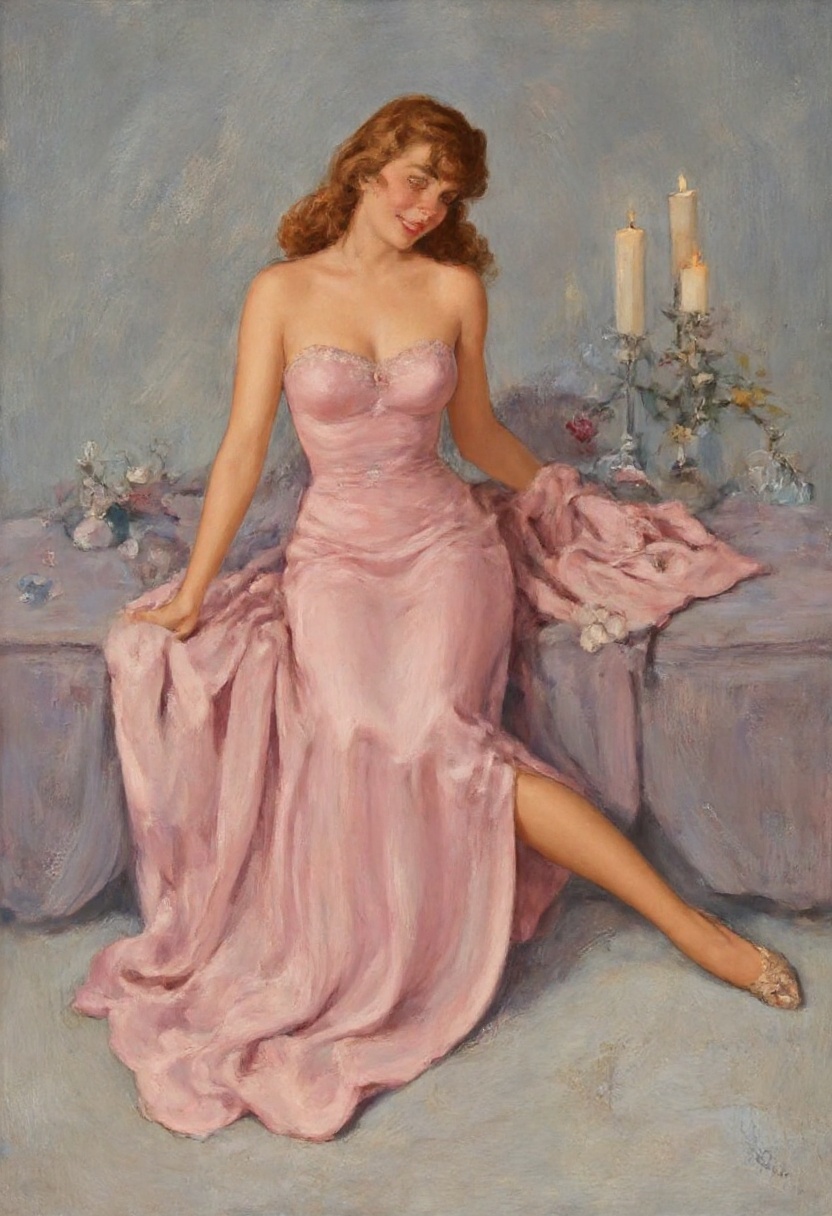 vintage_art a woman adorned in a soft pink evening gown,  set against a dreamy pastel-hued backdrop. She sits elegantly on...
