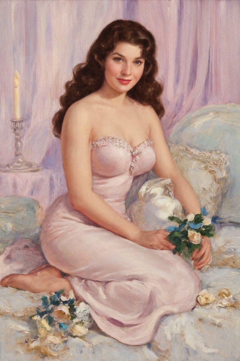 vintage_art a woman adorned in a soft pink evening gown,  set against a dreamy pastel-hued backdrop. She sits elegantly on...