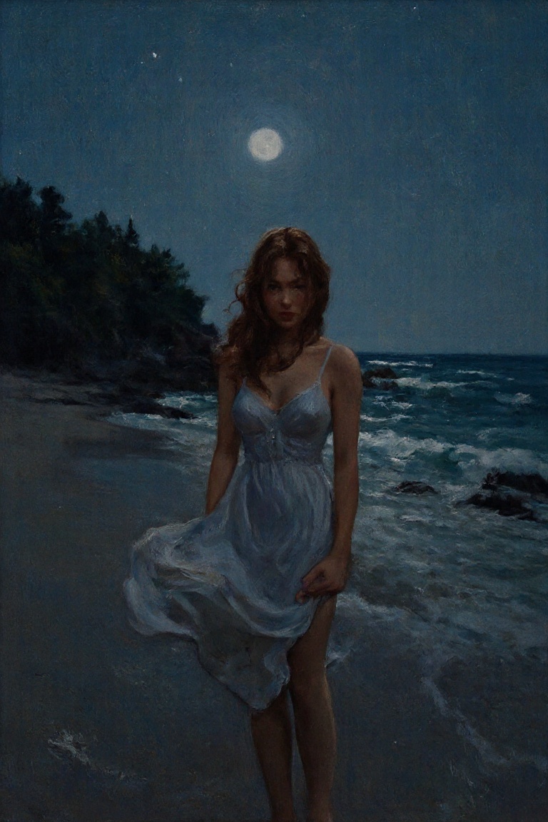 vintage_art in A moody,  atmospheric shot of woman standing alone on a deserted beach at dusk,  her figure illuminated onl...