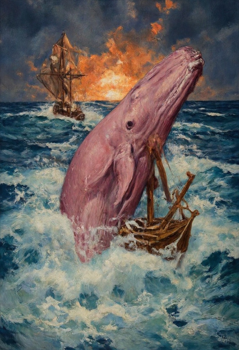 vintage_art of A majestic pink whale breaches the surface of a stormy sea,  its massive body sending shockwaves through th...