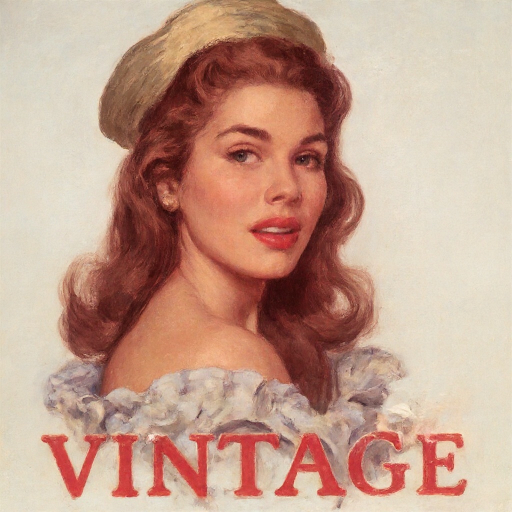 vintage_art close-up of smoking woman in long hair wearing hat,  there is bold red with text "VINTAGE" below her portrait...
