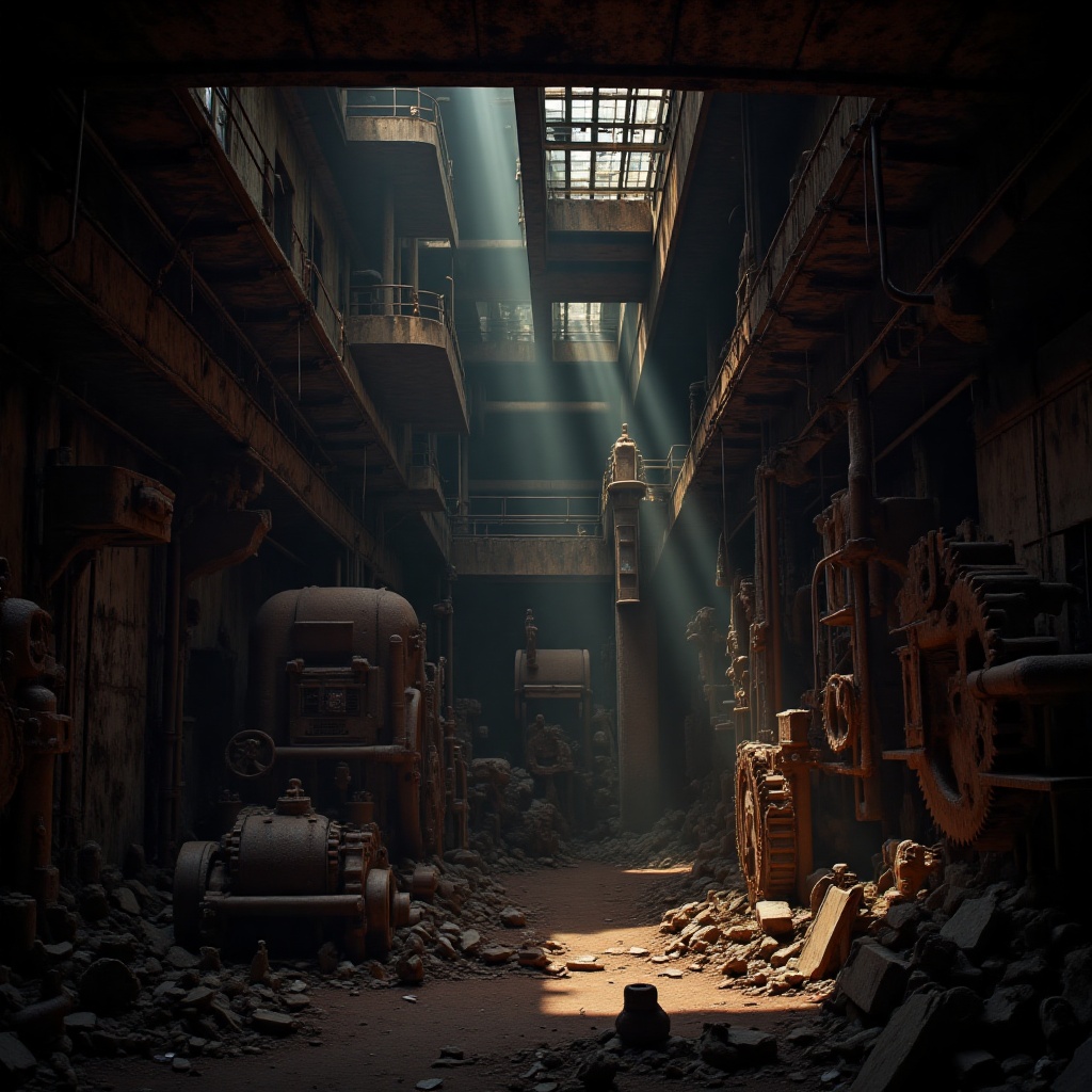 Generate a highly detailed and atmospheric scene of an abandoned industrial area. The scene should contain large rusty mac...