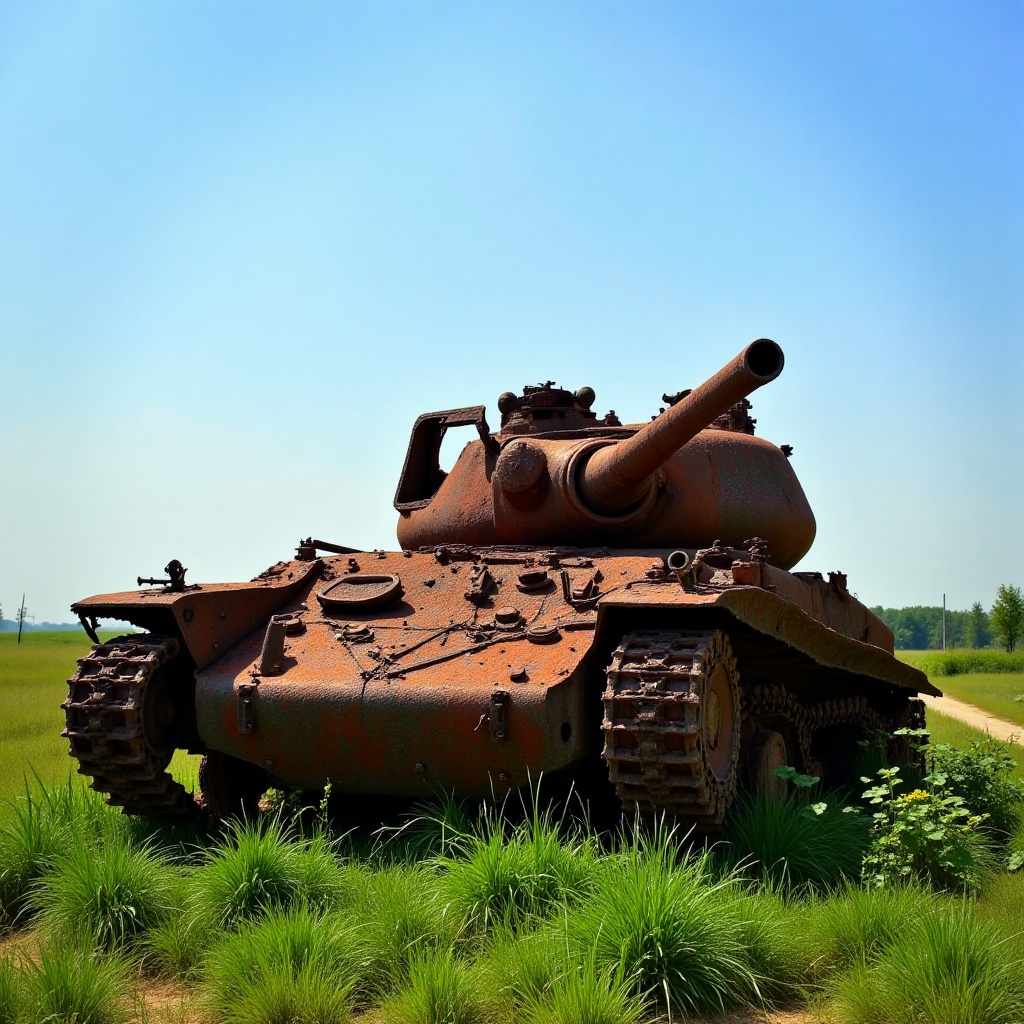 Rusted and abandoned **** wreck sitting in an overgrown grassy field. The ****'s turret is weathered,  with peeling paint...