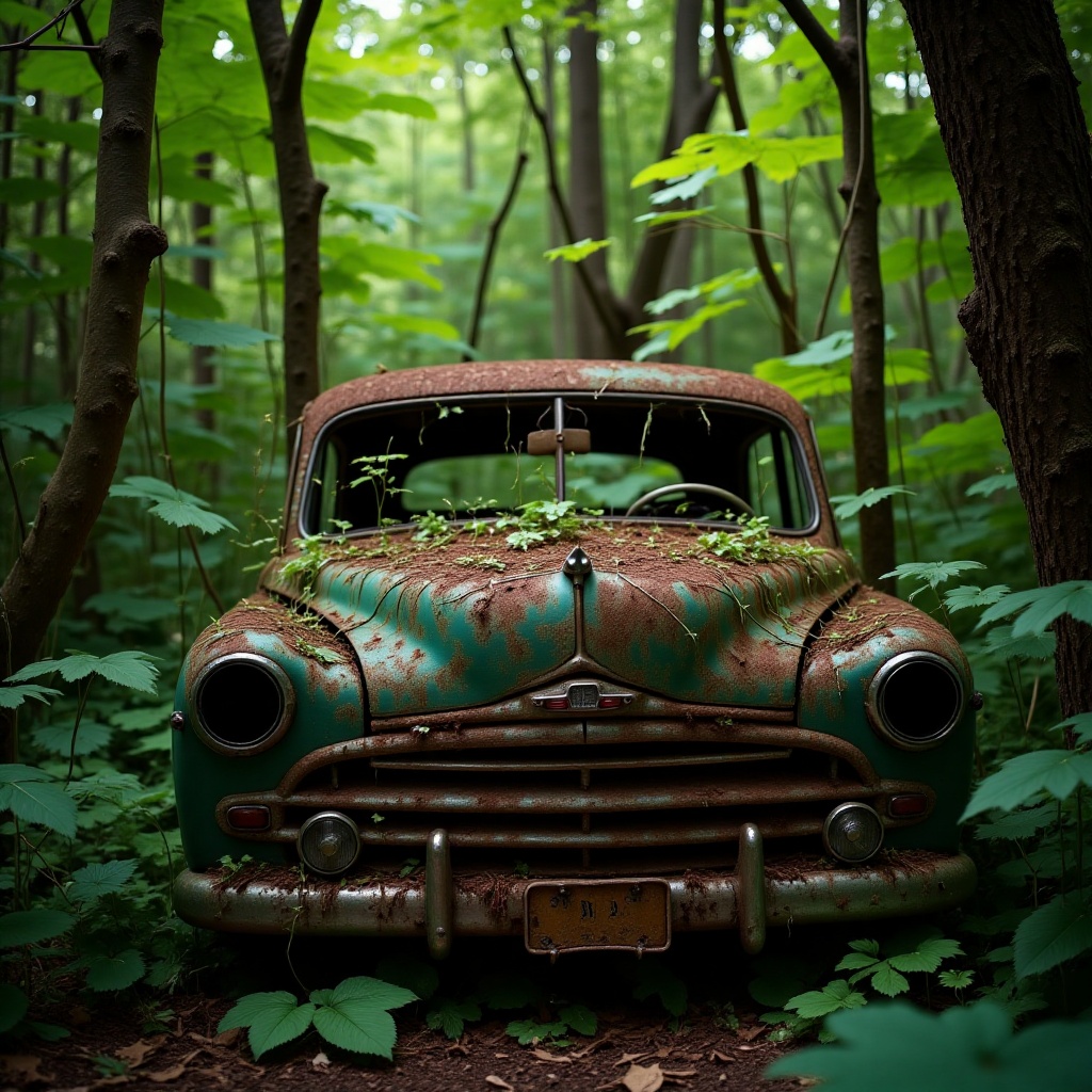 An old,  rusty vintage car abandoned in a lush green forest,  with its body covered in moss and vines. The car is weathere...