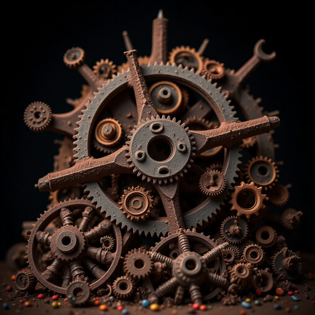 Pile of rusty gears are seen against a dark backdrop. The gears are made up of a variety of rusty metal,  including a larg...