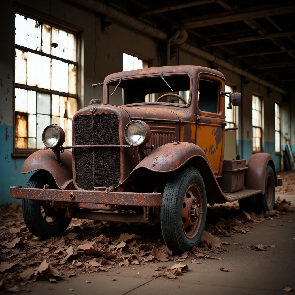 A heavily rusted and weathered vintage truck sits abandoned in a dilapidated industrial warehouse. The truck is a 1930s de...