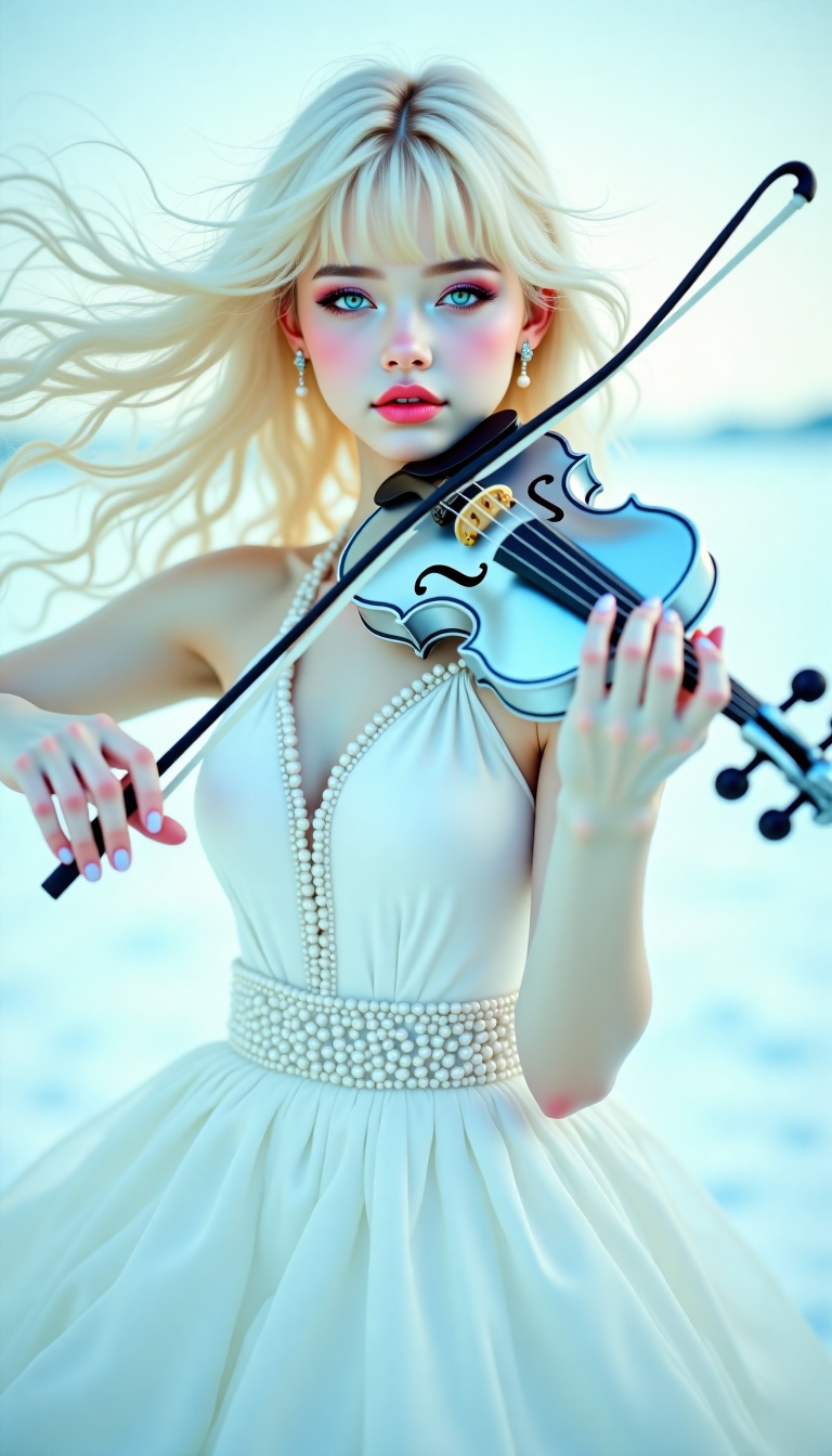 [[Beautiful 19-year-old charming Polish girl elegantly playing the violin in a minimalist art style. A stunning full-lengt...
