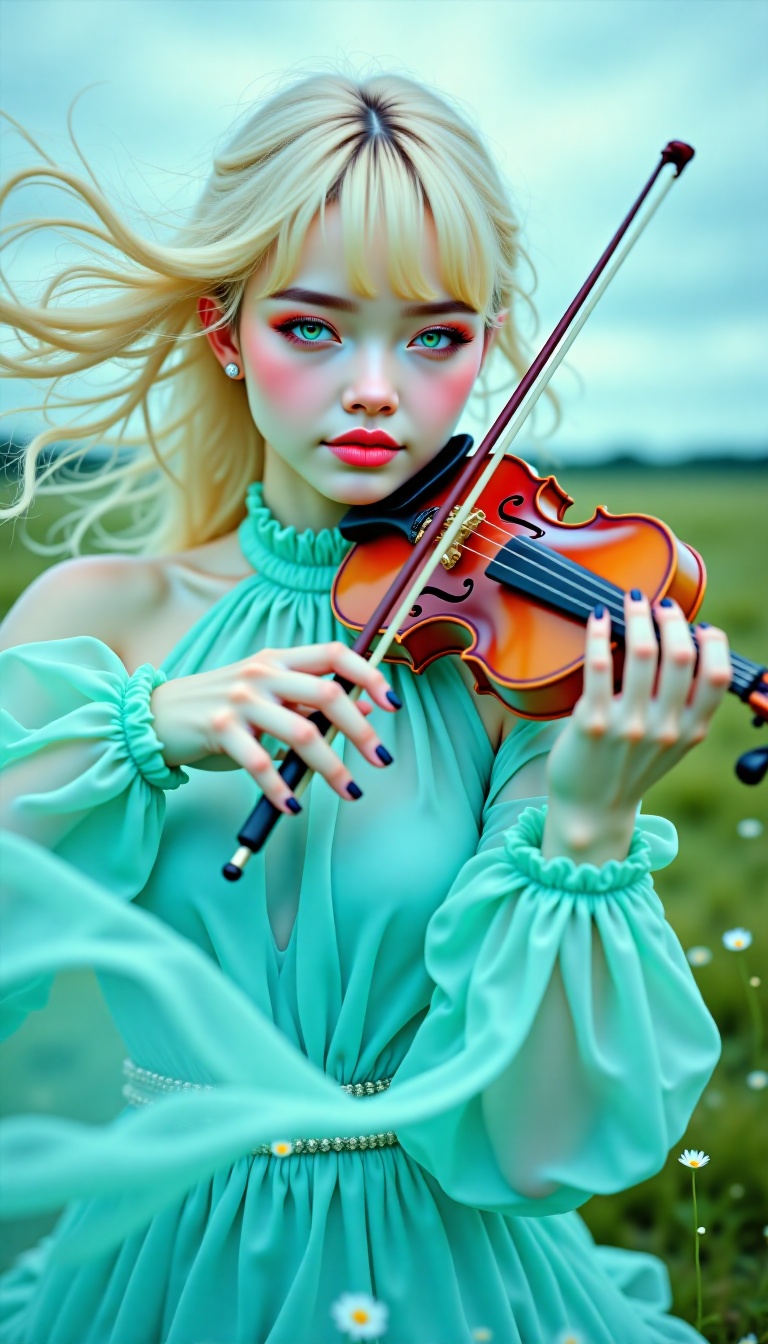 [[A stunning full-length [[frontal]] portrait of a beautiful 19-year-old Polish girl playing the violin elegantly in a min...