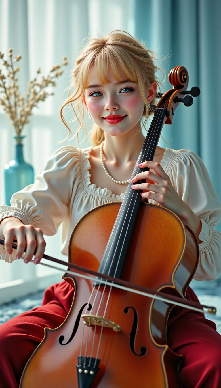 A stunning full-front portrait of a beautiful and charming 19-year-old cellist gracefully playing the cello in a minimalis...