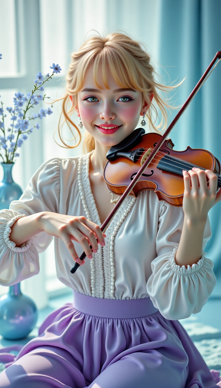 A stunning full-front portrait of a beautiful and charming 19-year-old Violinist gracefully playing the violin in a minima...