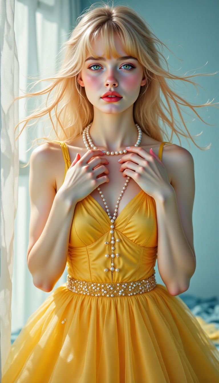[[Front view]],  lifestyle photo,  [[Highly detailed and intricate Amber Color ball gown on Tensor.Art