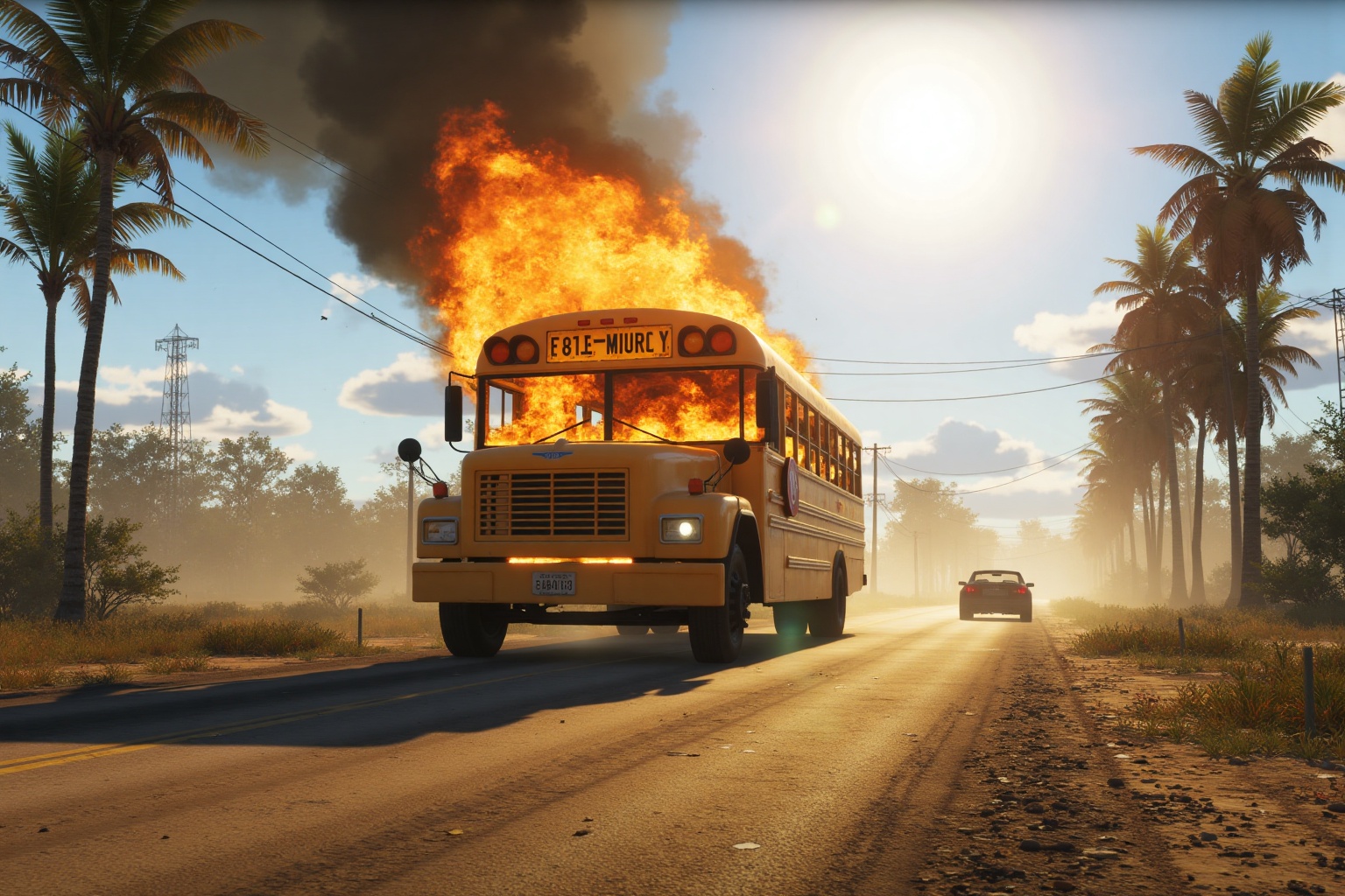 GTA artwork. Wallpaper. Highly detailed artwork. A prison bus on fire stands in the middle of a road in a tropical looking...