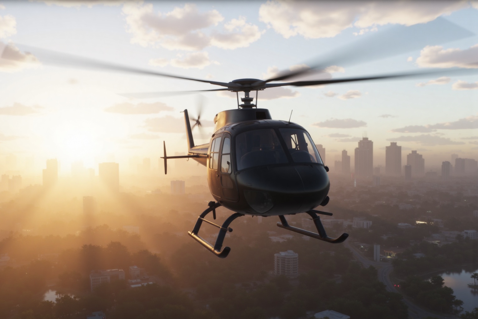 GTA artwork. Wallpaper. Highly detailed artwork. Frontal close-up shoot of a Police helicopter flying over a sprawling urb...