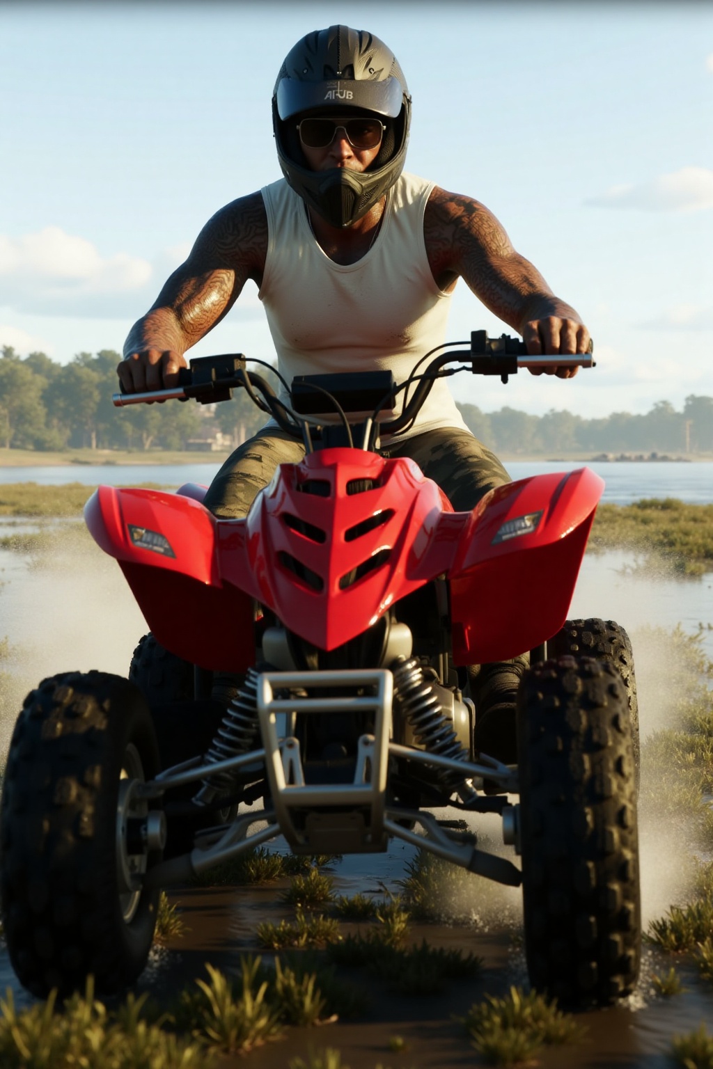 GTA artwork. Wallpaper. A close-up shot of a white man,  wearing a sleek motocross helmet,  a sleeveless white t-shirt on...