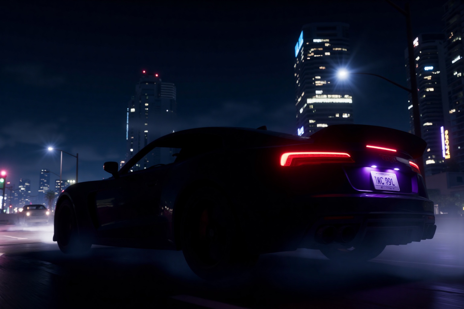 GTA artwork. Wallpaper. Highly detailed artwork. A high-performance black sports car zooming along a wet,  rain-slicked ci...