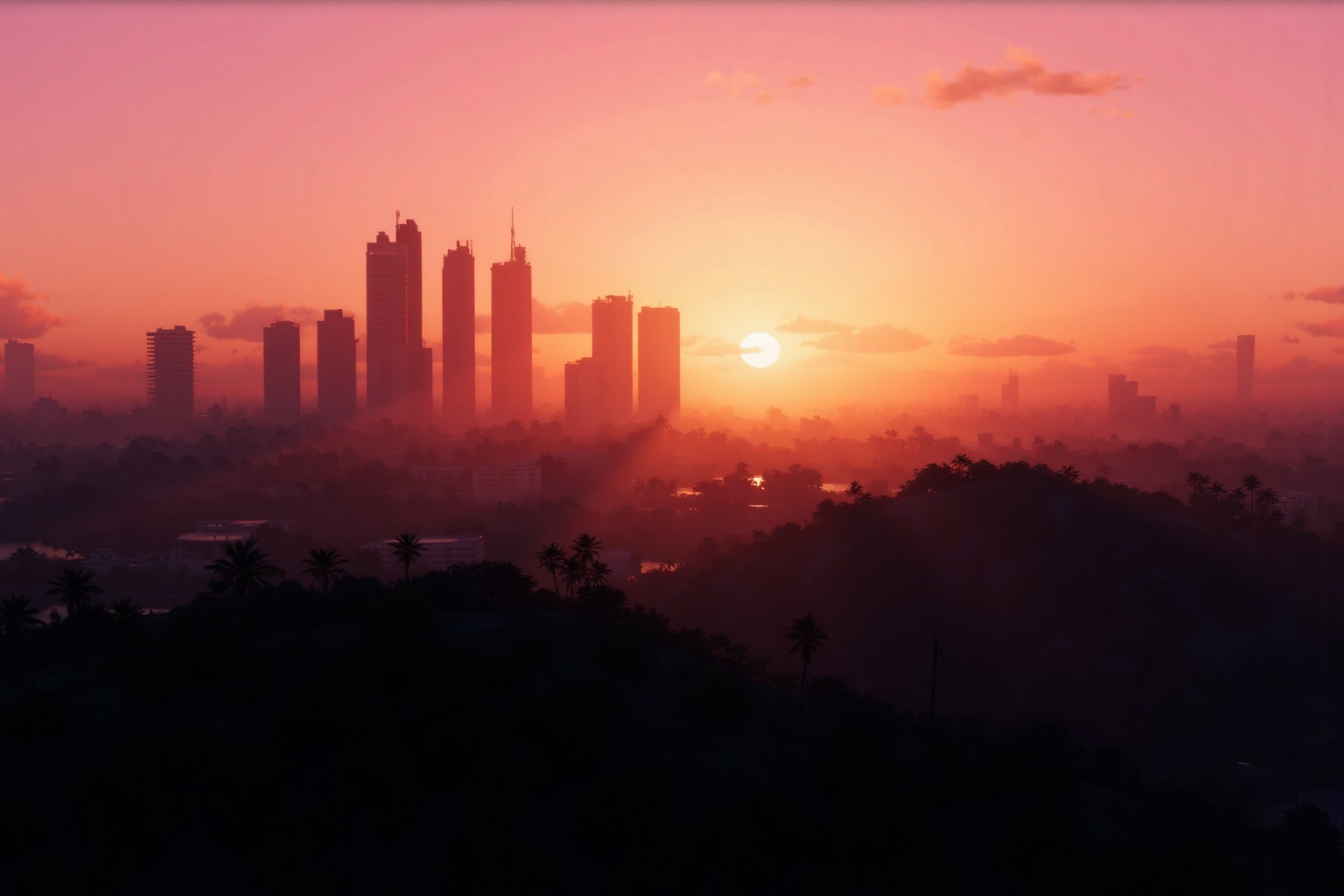 GTA artwork. Wallpaper. Highly detailed artwork. A modern tropical city at sunset. The towering skyscrapers stands against...