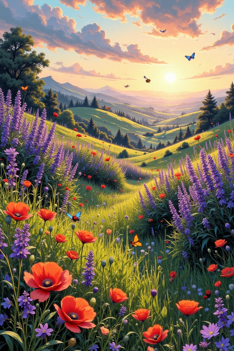 A lush meadow landscape teeming with vibrant lavender fields and poppies,  the golden hour light casts a warm,  ethereal g...