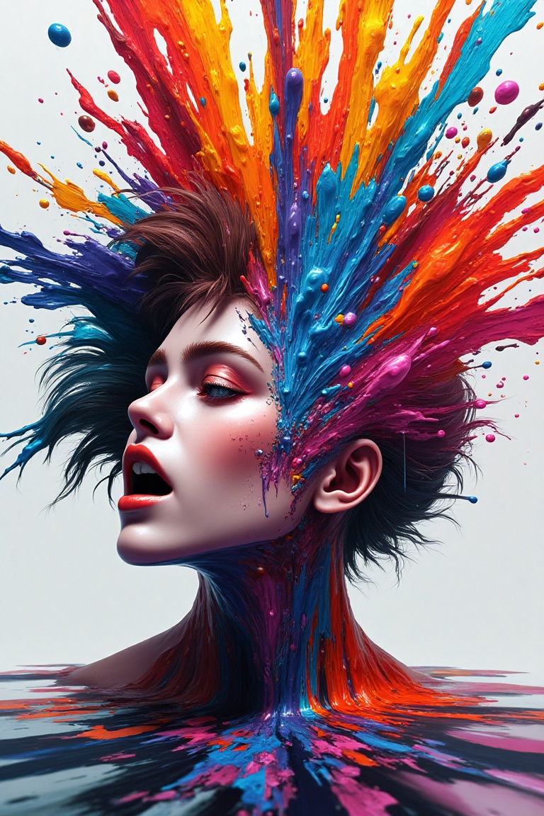 (Paint colliding and splashing on the canvas),  (depth of field),  1girl's side face blends into it on Tensor.Art