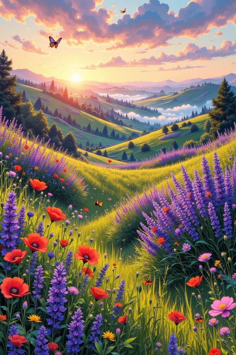 A lush meadow landscape teeming with vibrant lavender fields and poppies,  the golden hour light casts a warm,  ethereal g...