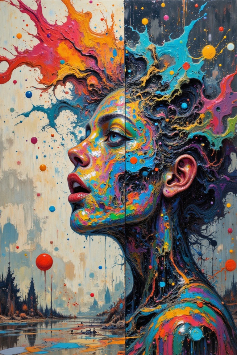 (Paint colliding and splashing on the canvas),  (depth of field),  1girl's side face blends into it on Tensor.Art