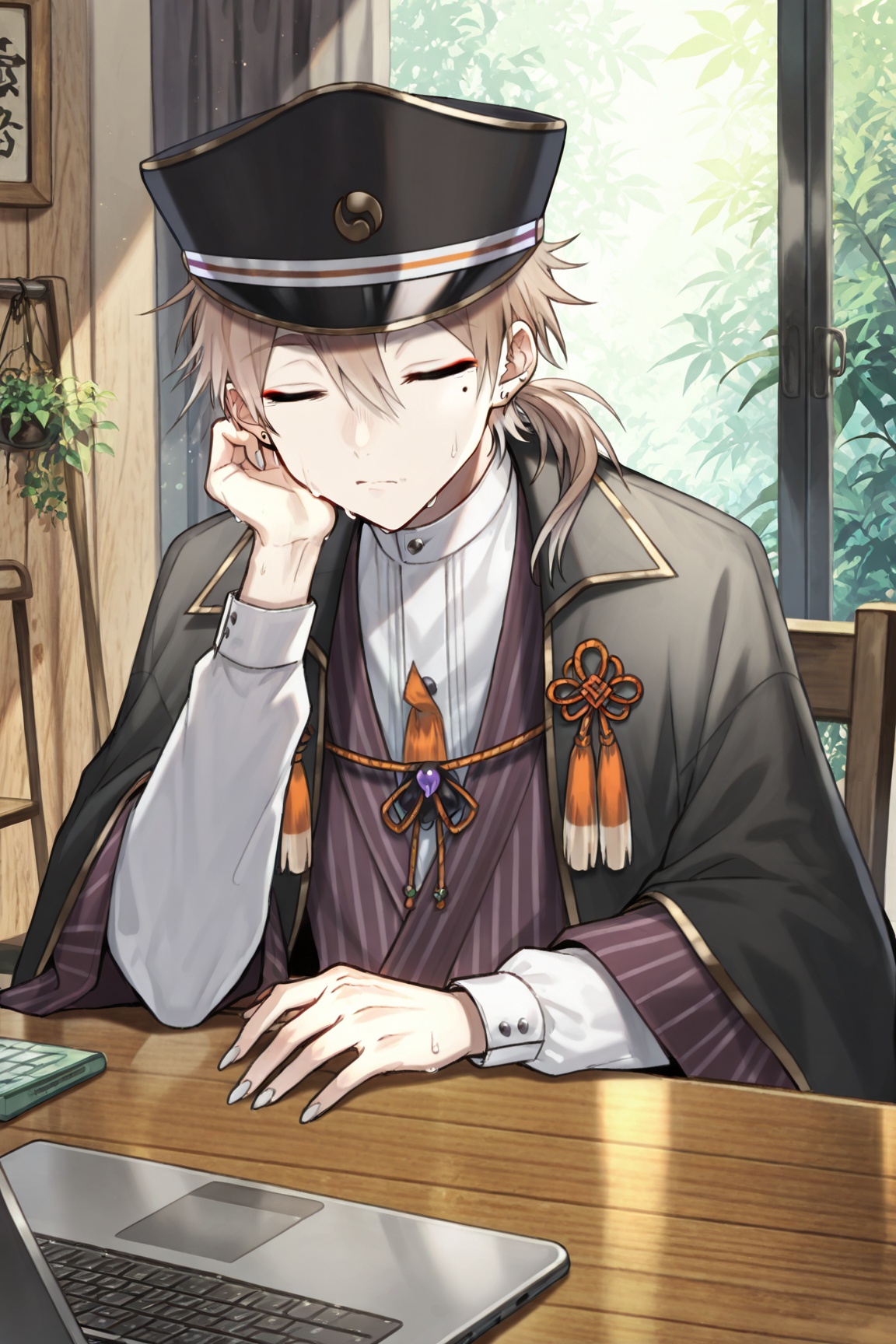 a man in a sleeping with his eyes closed.Sitting in a chair. His left hand is resting on the table,  while his right hand...