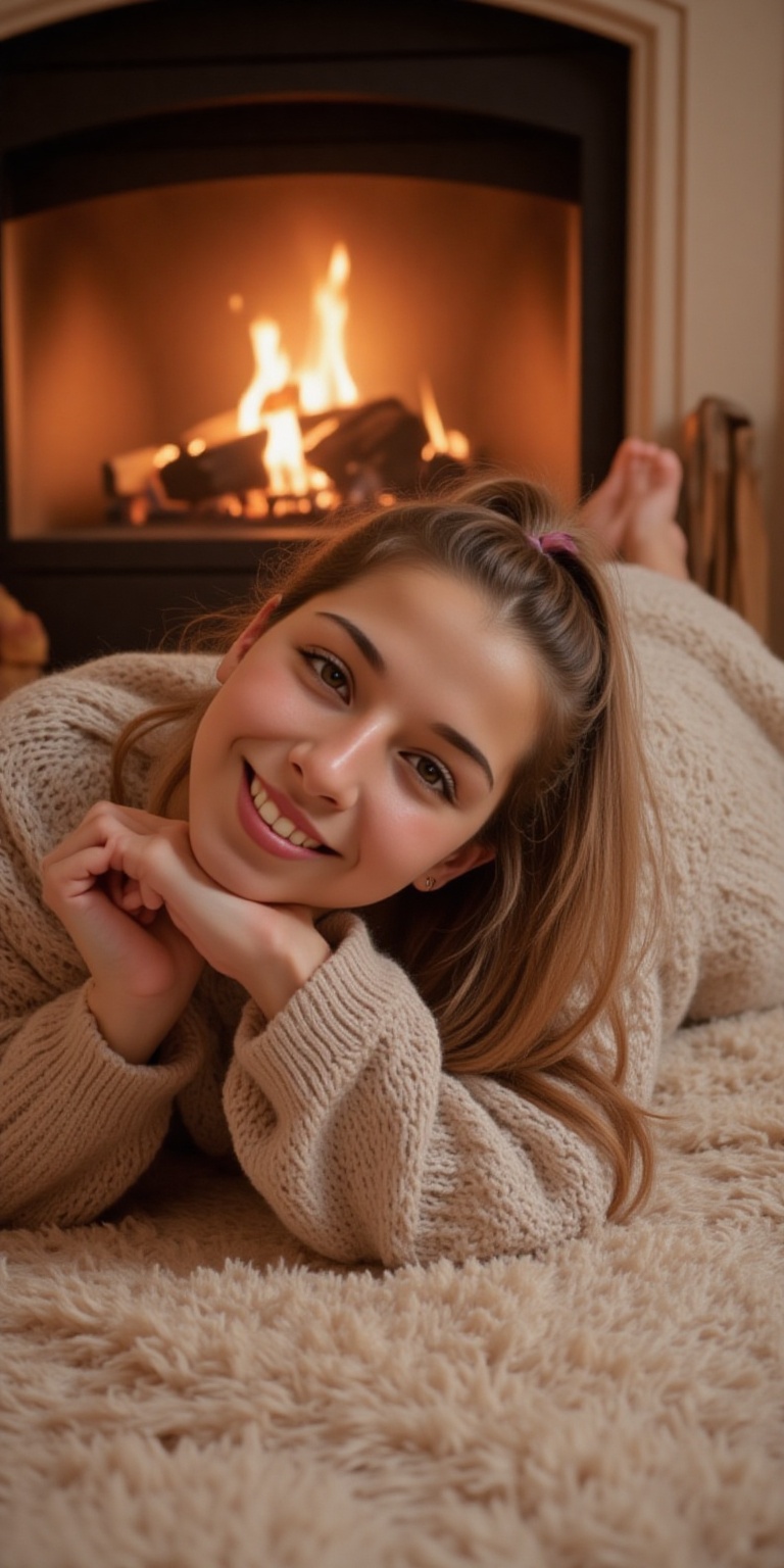 DaphneModel,  a carefree young woman (15-16) lying on her stomach on a plush rug in front of a crackling fireplace. She we...