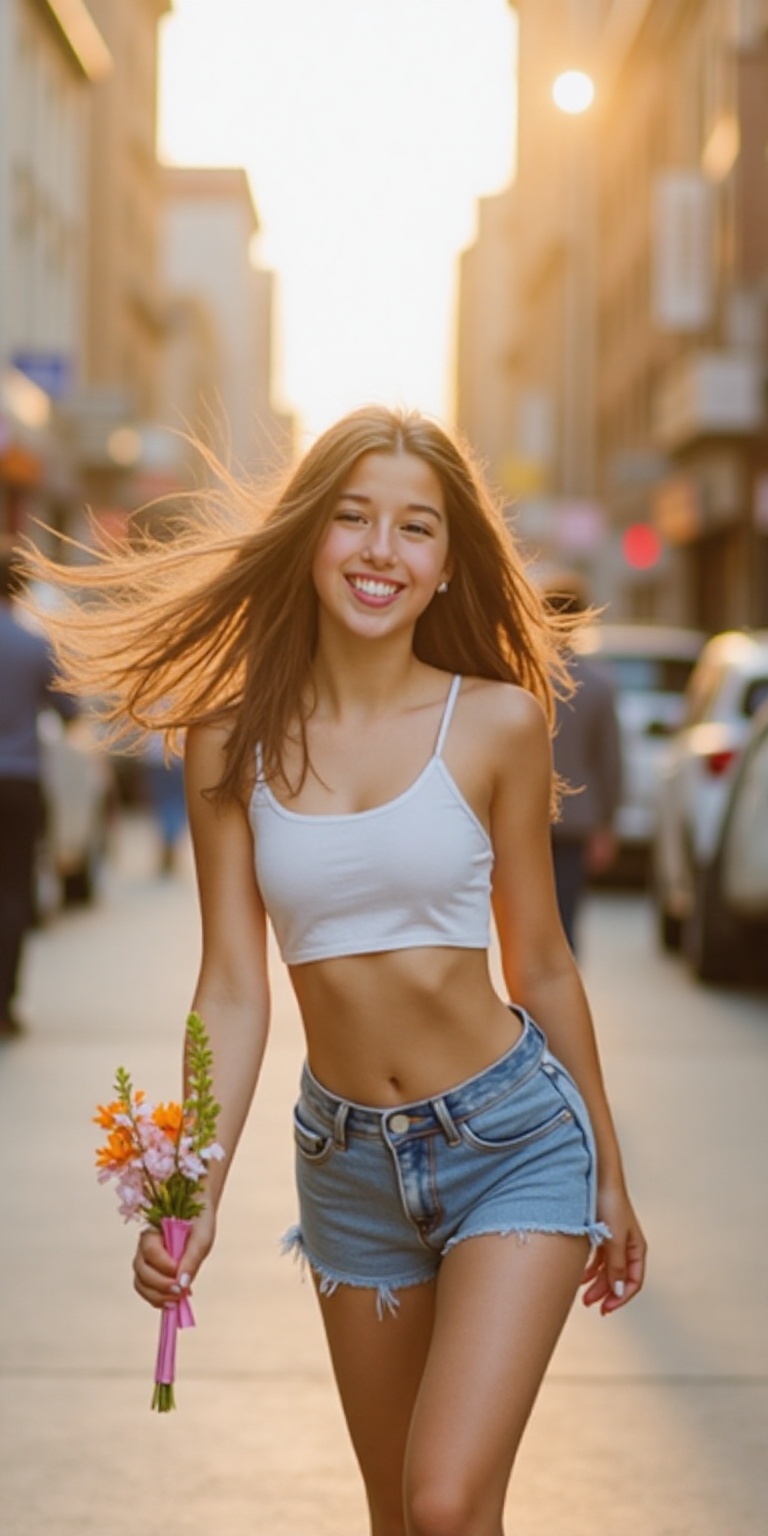 A carefree young woman (13 yo) walking through a bustling city street during golden hour,  holding a small bouquet of flow...