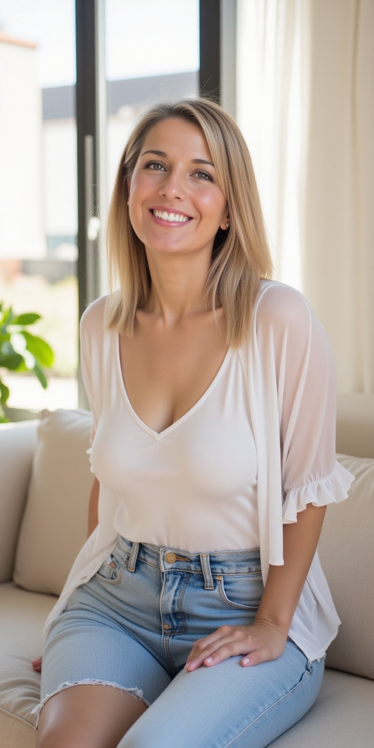 DaphneModel,  a woman in her 50s with a natural yet refined beauty,  sitting casually on a plush sofa in a sunlit room. Sh...