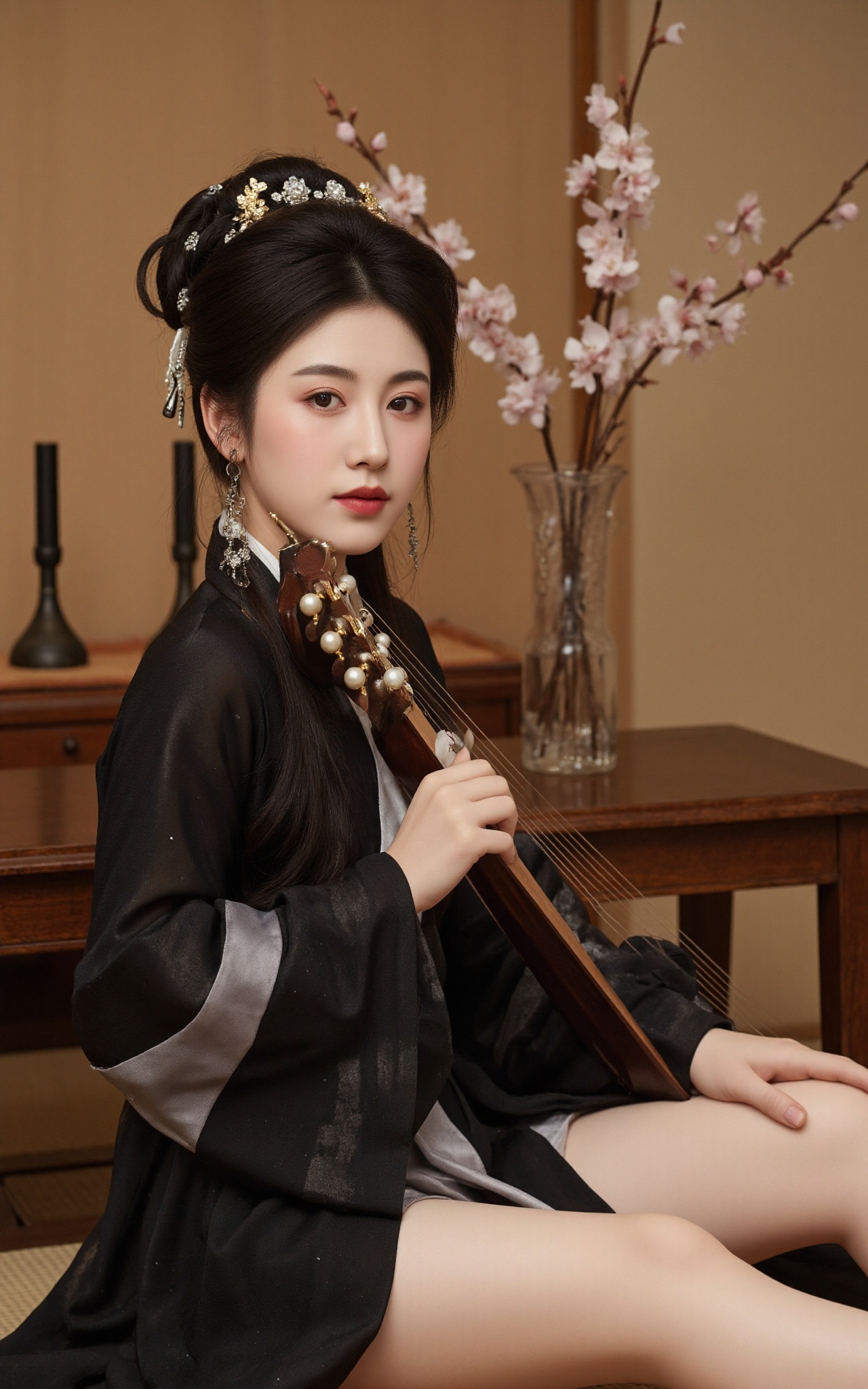 A graceful Asian woman with long black hair sits on a wooden floor in a traditional tea room. Her hair is styled in an ele...