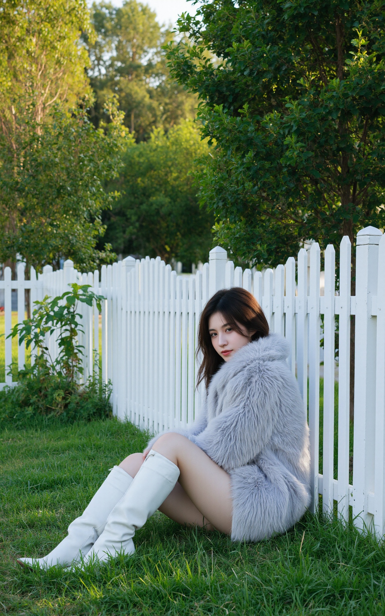 A photo with a sense of atmosphere,  The image shows a person sitting on the grass next to a white picket fence. The indiv...