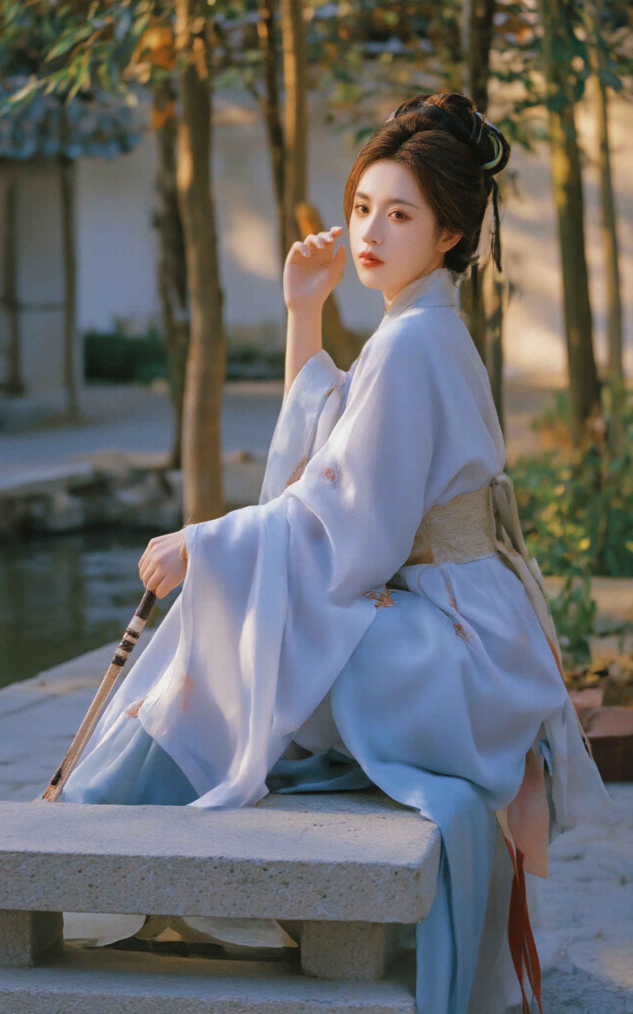 In a traditional Chinese courtyard,  a solo girl with multicolored hair in a double bun sits on a stone bench. She wears a...