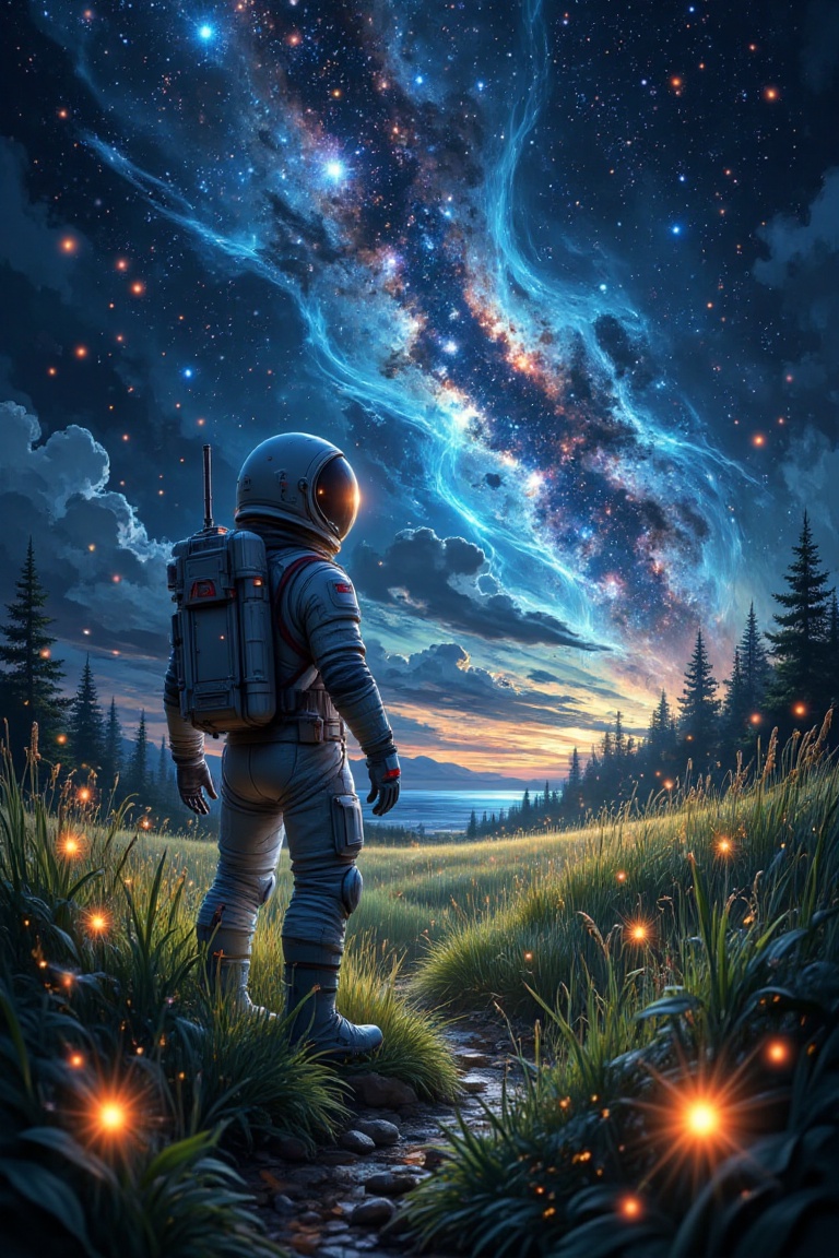 A fantasy masterpiece,  glowing and sparkling. An astronaut stands in a field of tall grass on a dark night,  the sky illu...