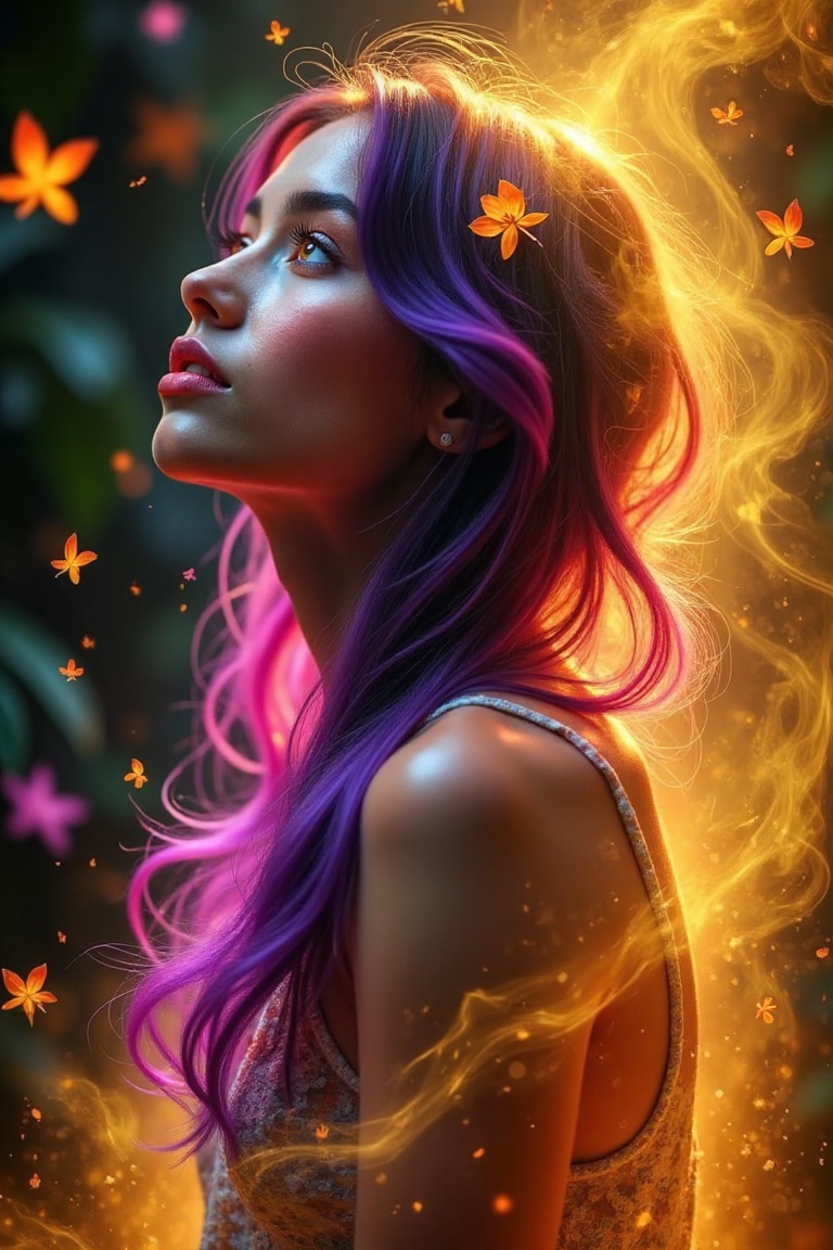A dreamy,  warm-lit scene where a mystical double exposure transforms a black and purple orchid into a charismatic girl wi...