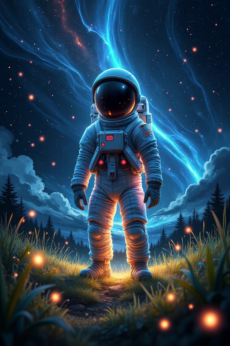 A fantasy masterpiece,  glowing and sparkling. An astronaut stands in a field of tall grass on a dark night,  the sky illu...