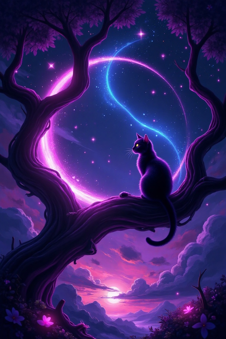 A masterpiece in best quality,  a surreal night scene with a silhouette of a cat sitting on a tree branch. A crescent moon...