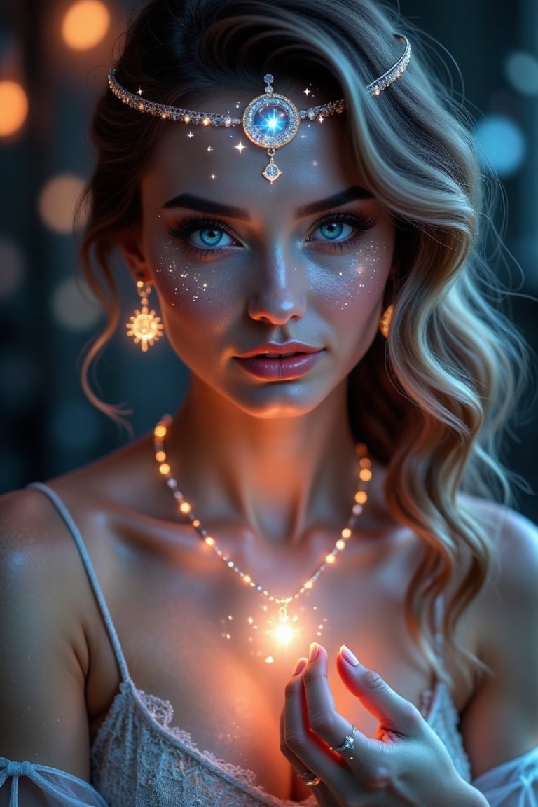 A stunning masterpiece! The camera frames the woman’s elegant face,  bathed in soft,  ethereal lighting. Her pretty featur...