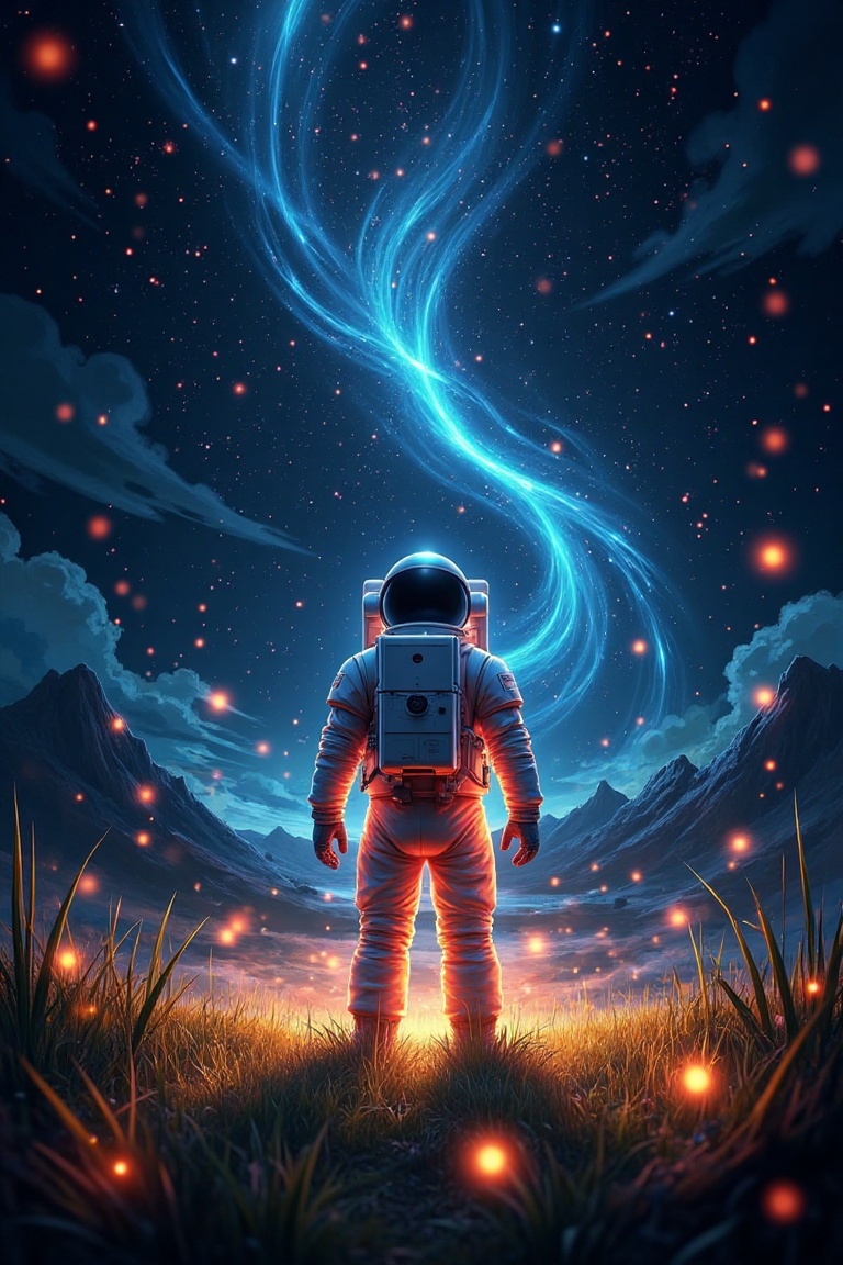 A fantasy masterpiece,  glowing and sparkling. An astronaut stands in a field of tall grass on a dark night,  the sky illu...