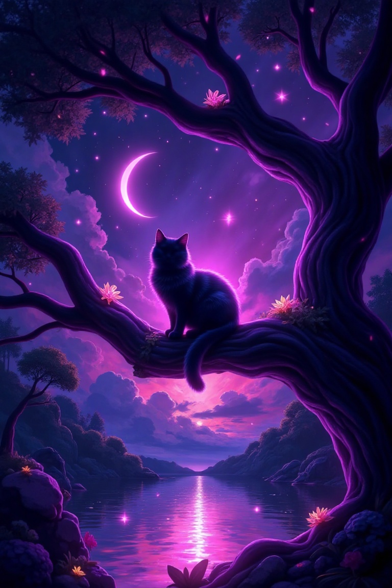 A masterpiece in best quality,  a surreal night scene with a silhouette of a cat sitting on a tree branch. A crescent moon...