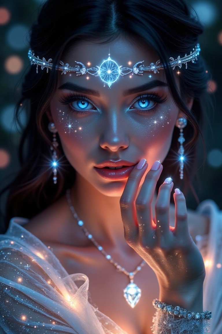 A stunning masterpiece! The camera frames the woman’s elegant face,  bathed in soft,  ethereal lighting. Her pretty featur...