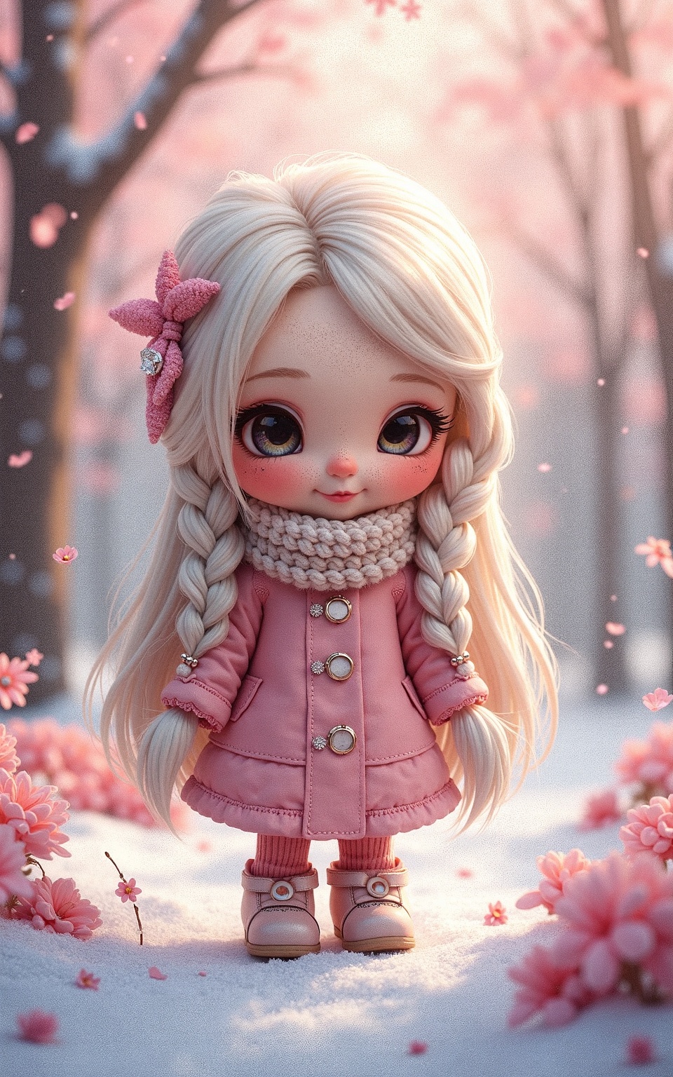 full body of a realistic sweetness Baby chibi Girl winter freckled two braids in her long white blonde hair she is playing...