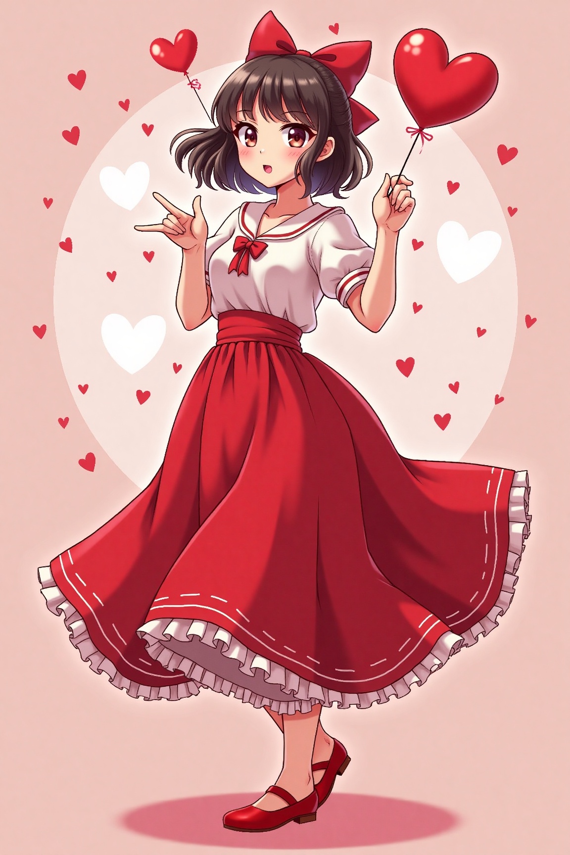 The personification of the valentines day holiday in the form of a cute girl,  large flowing red skirt,  anime style on Te...