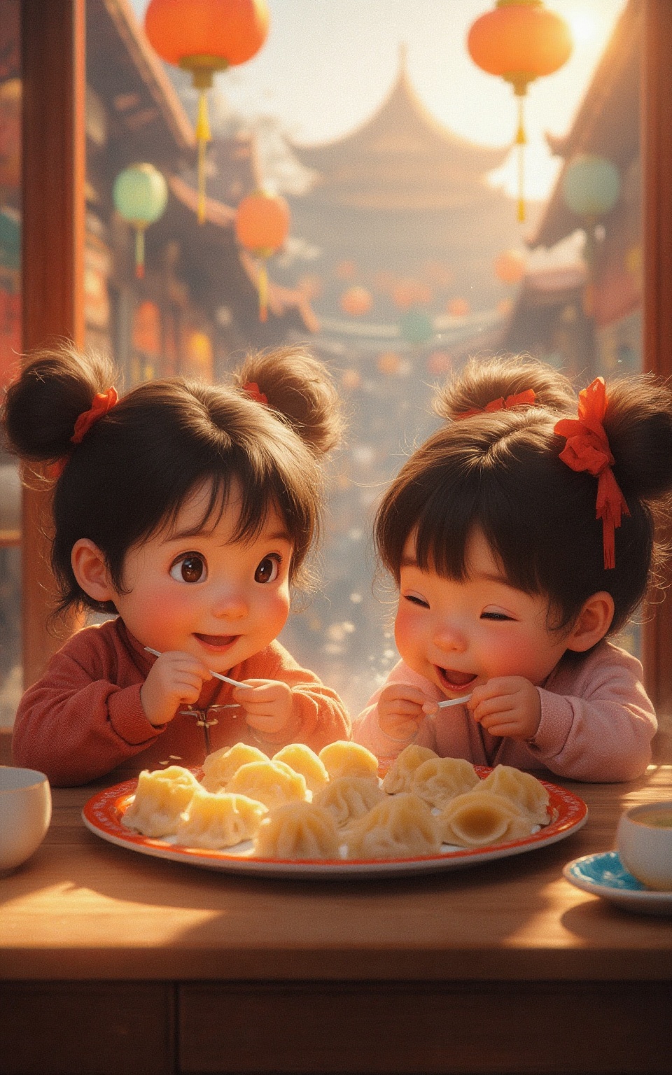 Two cheerful children with bright,  expressive eyes and rosy cheeks,  sitting at a wooden table in a cozy kitchen bathed i...